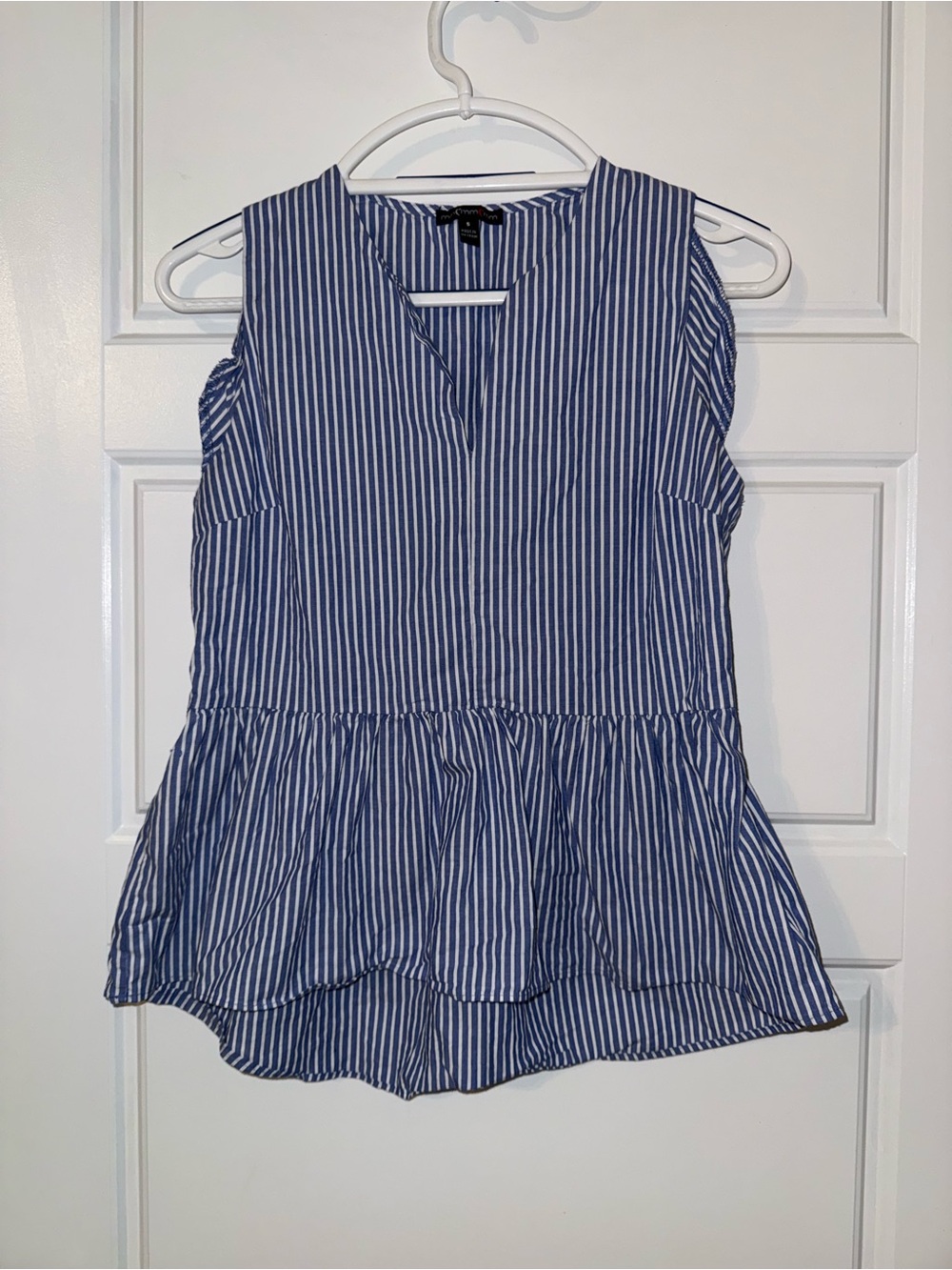 Striped Sleeveless Peplum Top in Blue and White